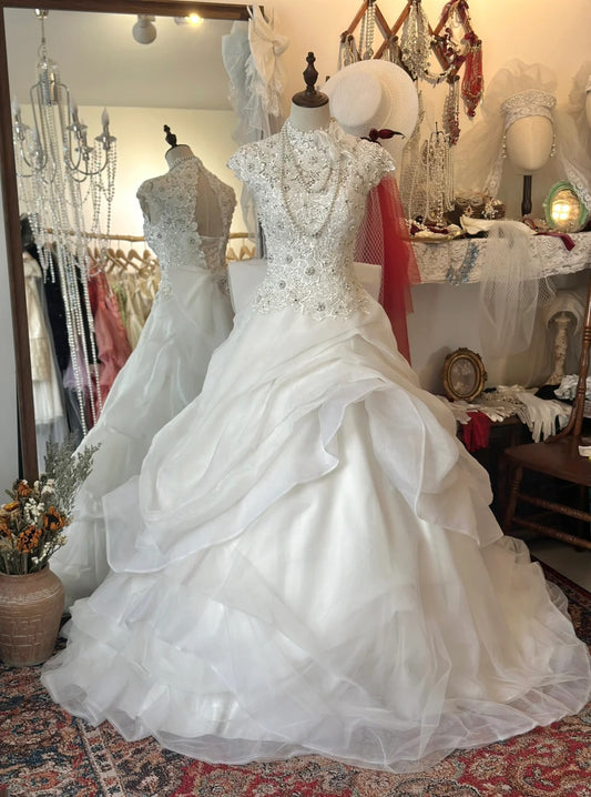 Retro Elegant Heavy Beaded Lace Tulle Splicing Shoulder-Wrap Trailing Wedding Dress P2955