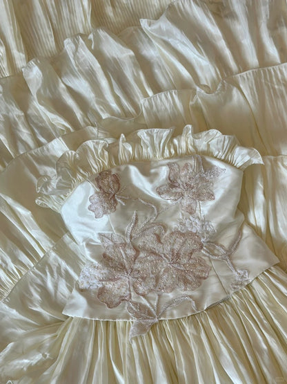 Light beige tube top cake layered trailing wedding dress P2957 – PreppyDress