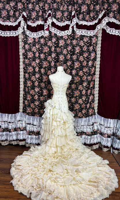 Vintage Elfenbein Brautkleid aus Chiffon mit Herzausschnitt und Spitze P2958