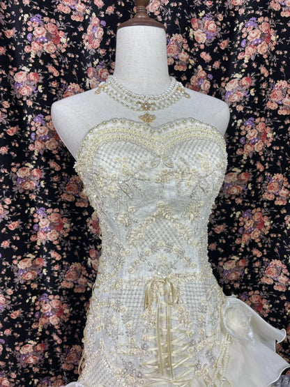 Vintage Elfenbein Brautkleid aus Chiffon mit Herzausschnitt und Spitze P2958