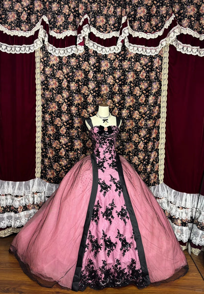 Retro black and pink contrast backless bow A-line puffy princess weddi –  PreppyDress