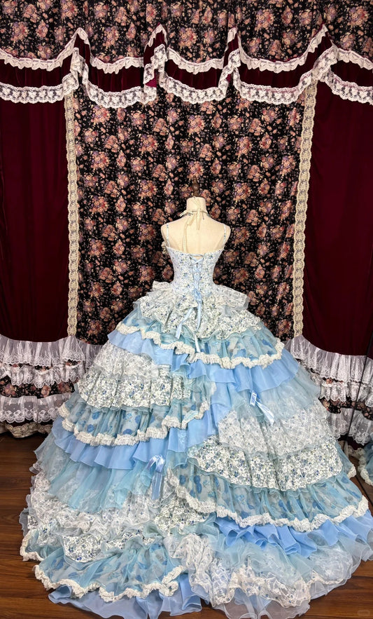 Princess sweet light blue cake skirt print layered trailing wedding dress P2961