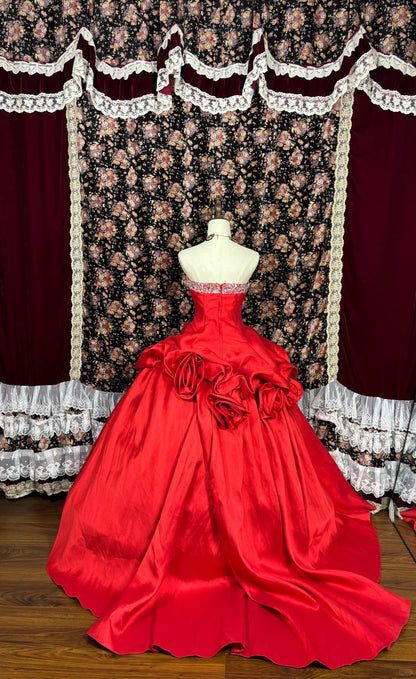 fitted lace wedding dress Retro bright red tube top 3D rose fluffy wedding dress P2963 – PreppyDress