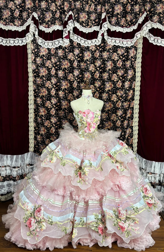 Vintage Pink Strapless Printed Layered Tulle Lace Trim Puffy Wedding Dress P2968