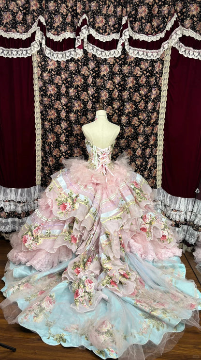 Vintage Pink Strapless Printed Layered Tulle Lace Trim Puffy Wedding D PreppyDress Vintage Pink Strapless Printed Layered Tulle Lace Trim Puffy Wedding D PreppyDress