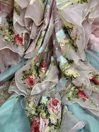 Vintage Rosa Trägerloses Bedrucktes Mehrlagiges Tüll Spitzenbesetztes Voluminöses Hochzeitskleid P2968