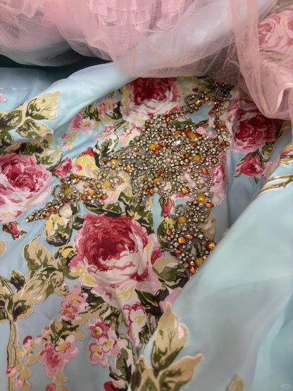 Vintage Rosa Trägerloses Bedrucktes Mehrlagiges Tüll Spitzenbesetztes Voluminöses Hochzeitskleid P2968