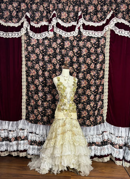 Spezielles hellgelbes 3D-Blumen-High-Fishtail-Kuchenrock-Brautkleid P2976