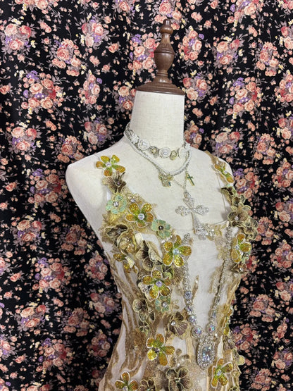 Spezielles hellgelbes 3D-Blumen-High-Fishtail-Kuchenrock-Brautkleid P2976