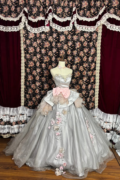 Staubiges Rosa Prinzessin Schleife 3D Blumen Satin Brautkleid P2977