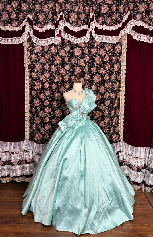 Beautiful mint green thick satin A-line wedding dress with big bow P2980
