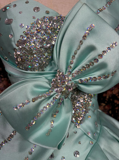Beautiful mint green thick satin A-line wedding dress with big bow P29