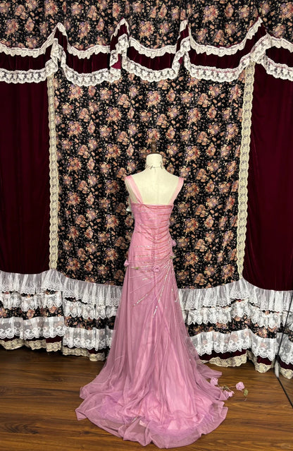 Vintage rosa handgefertigtes Brautkleid im Meerjungfrauen-Stil mit großen Blumen, Hirseperlen und Pailletten P2984