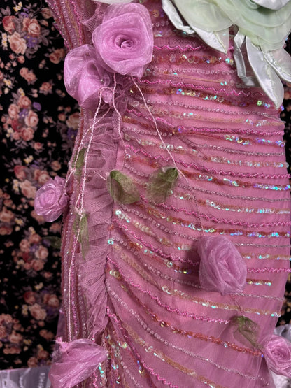Vintage rosa handgefertigtes Brautkleid im Meerjungfrauen-Stil mit großen Blumen, Hirseperlen und Pailletten P2984