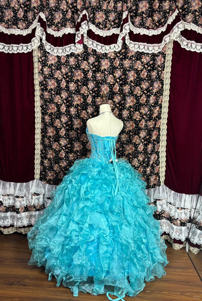 wedding dresses aqua blue Blue Tulle Flowers Long Prom Dress, Blue Strapless A-line Evening Party Dress US 8 / Custom Color main image 1