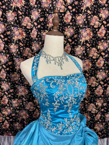French retro blue halter neck heavy embroidery and beaded satin weddin –  PreppyDress