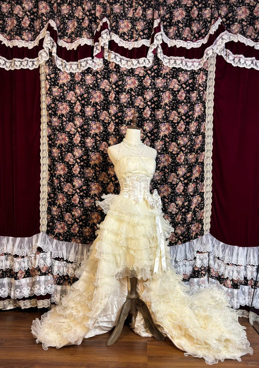 Princess light yellow heavy work short front and long back earrings big skirt cake wedding dress P2998