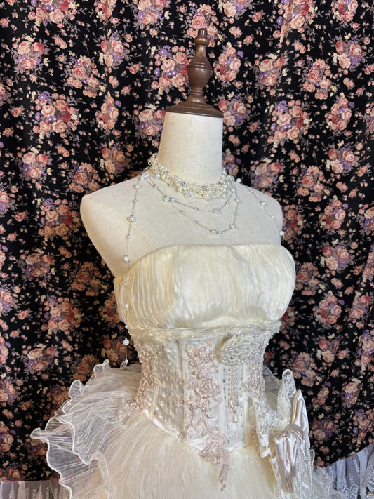 Princess light yellow heavy work short front and long back earrings big skirt cake wedding dress P2998