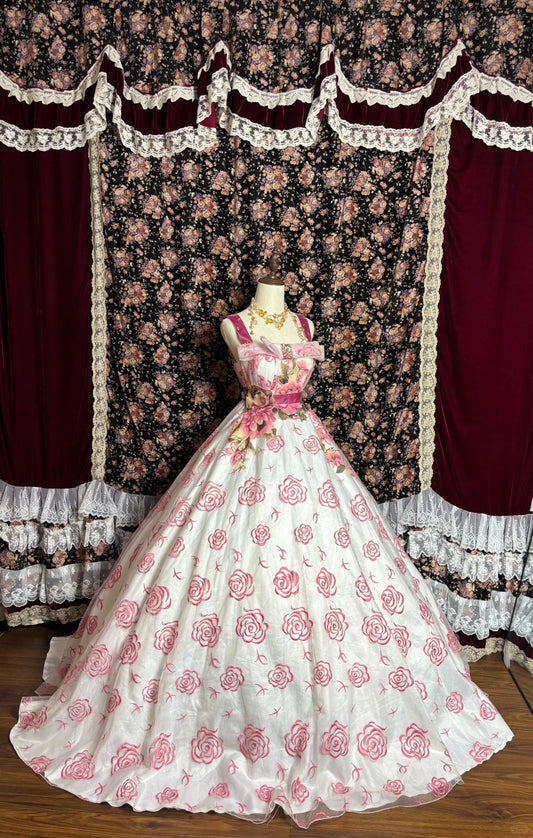 Rose Manor Pink Strap Embroidered Printed Floor-Length Wedding Dress P3001