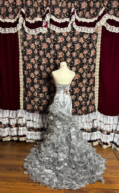 Silver Grey High Fishtail Shimmer Skirt Silk Tulle Large Curled Edge W   PreppyDress