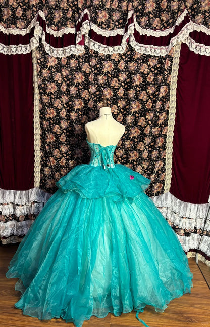 Chic Turquoise Strapless 3D Flower Herringbone Tulle Floor-Length Wedd   PreppyDress