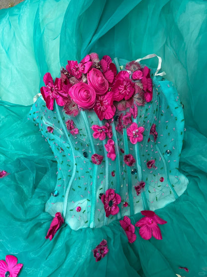 turquoise and pink wedding dress Katie Pink and Blue 3D Wedding dress, A-Line Wedding Dress with 3D flowers, Disney Wedding Dress Floral wedding dress, Custom Wedding Dress