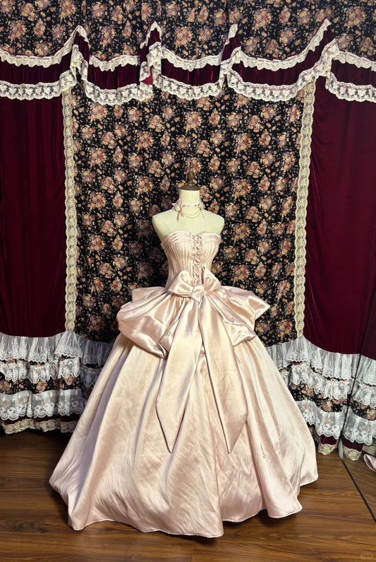 Princess Pink Satin Bow Simple Trailing Wedding Dress P3006