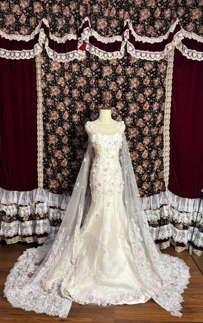 Fairy Heavy Industry 3D Blumen Tüll Lange Schleppe Meerjungfrau Brautkleid P3010