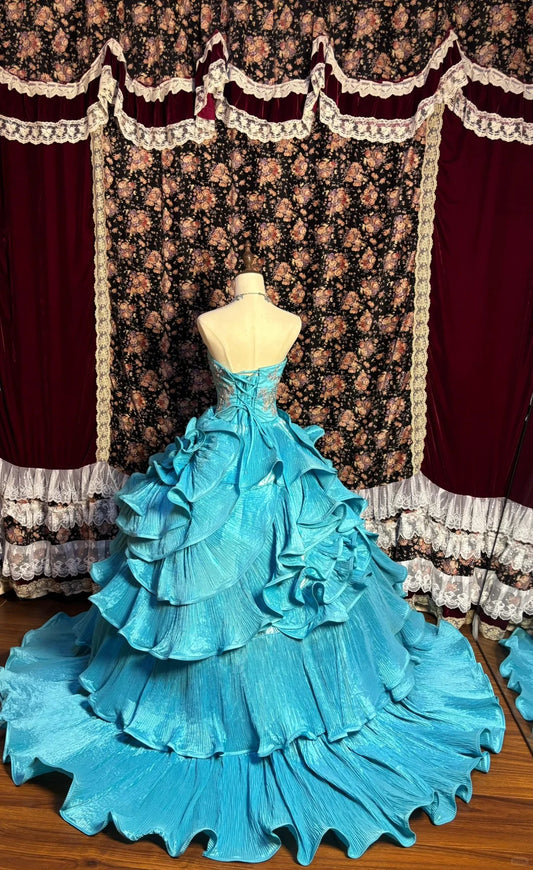 Dreamy Blue Strapless Accordion Pleated Skirt Beaded Train Wedding Dress P3011