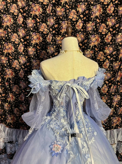 Beautiful one-shoulder princess sleeve gradient purple skirt three-dimensional flower beaded tulle wedding dress P3015