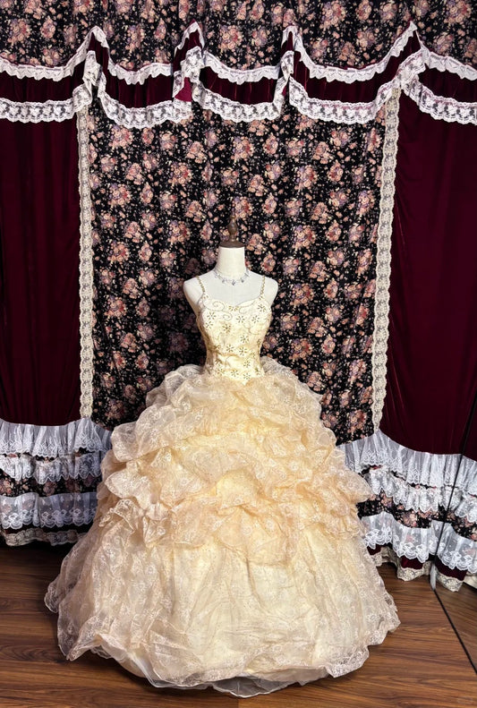 Princess champagne color full body pattern pleated fluffy wedding dress P3016