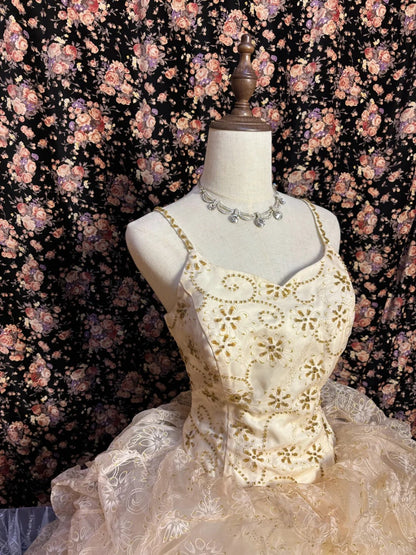 Princess champagne color full body pattern pleated fluffy wedding dres PreppyDress Princess champagne color full body pattern pleated fluffy wedding dres PreppyDress