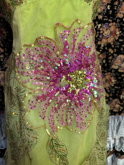 Forest Green Halter Neck Sequined Leaf Embroidery Large Skirt Mermaid   PreppyDress