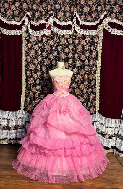 Prinzessin Pink Tube Top 3D bestickte Pailletten-Fischgräten-Schleifen-Puffy-Hochzeitskleid P3025