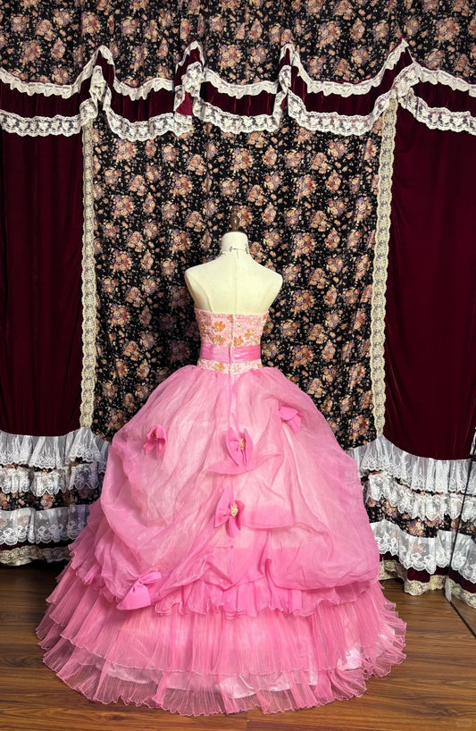 Princess Pink Tube Top 3D Embroidered Sequined Fishbone Bow Puffy Wedding Dress P3025