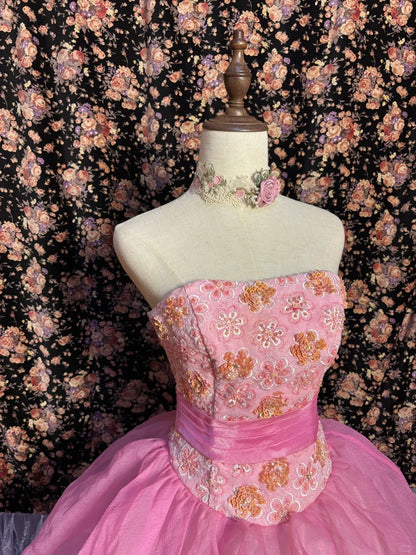 Prinzessin Pink Tube Top 3D bestickte Pailletten-Fischgräten-Schleifen-Puffy-Hochzeitskleid P3025