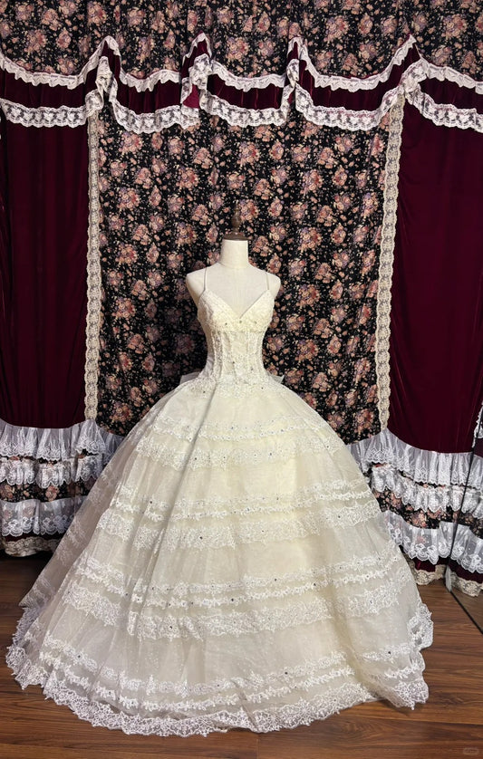 Princess Heavy V-neck Layered Lace Ivory White Back Tie Floor-length Wedding Dress P3026