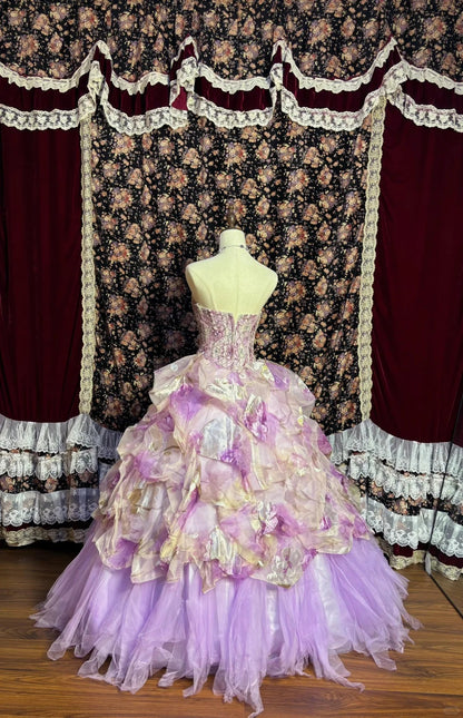 strapless open back dress Dreamy Purple Flower Handle Heart-Shaped Neck Printed Tulle Floor-Leng