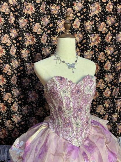 Dreamy Purple Flower Handle Heart-Shaped Neck Printed Tulle Floor-Leng
