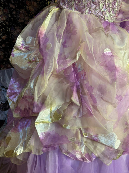 Dreamy Purple Flower Handle Heart-Shaped Neck Printed Tulle Floor-Leng –  PreppyDress