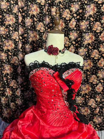 Gorgeous Tomato Red Thick Satin Black Lace Irregular Skirt Wedding Dre PreppyDress Gorgeous Tomato Red Thick Satin Black Lace Irregular Skirt Wedding Dre PreppyDress