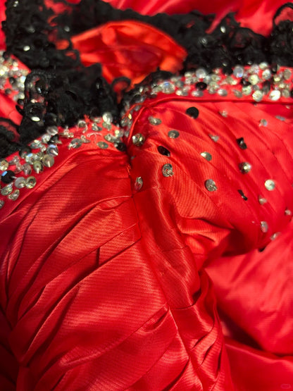 Gorgeous Tomato Red Thick Satin Black Lace Irregular Skirt Wedding Dre PreppyDress Gorgeous Tomato Red Thick Satin Black Lace Irregular Skirt Wedding Dre PreppyDress