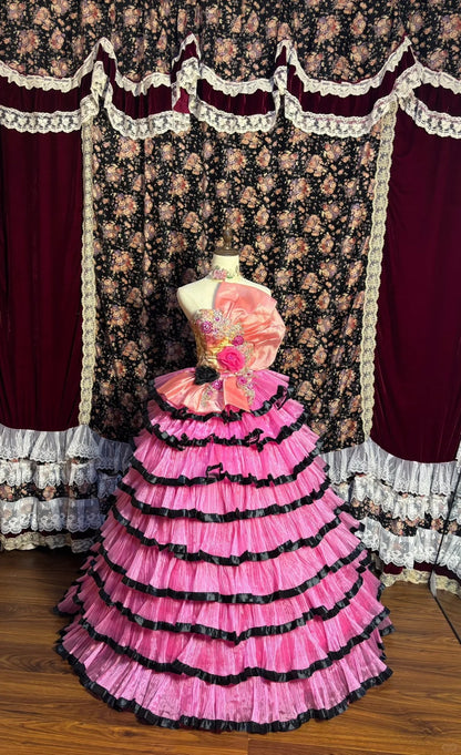 Retro Rosa 3D Blume Mehrschichtiger Tüll Tortenrock Bodenlanges Brautkleid P3039