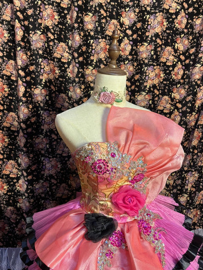 Retro Rosa 3D Blume Mehrschichtiger Tüll Tortenrock Bodenlanges Brautkleid P3039