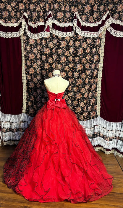 strapless open back dress Gorgeous red tube top black pattern 3D flower wedding dress P3041 –  PreppyDress