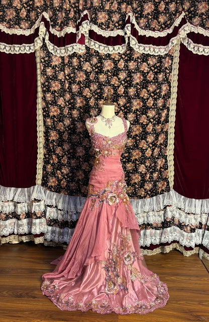 Vintage pinkes Chiffon-Träger 3D-Blumen Perlen Chiffon-Satin Meerjungfrau Brautkleid P3042