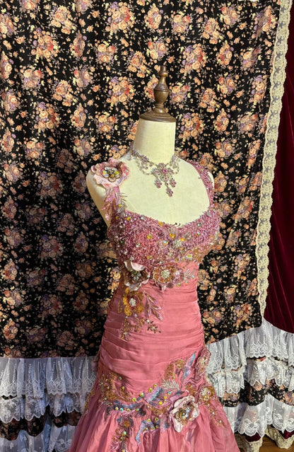 Vintage pinkes Chiffon-Träger 3D-Blumen Perlen Chiffon-Satin Meerjungfrau Brautkleid P3042