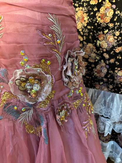 Vintage pinkes Chiffon-Träger 3D-Blumen Perlen Chiffon-Satin Meerjungfrau Brautkleid P3042