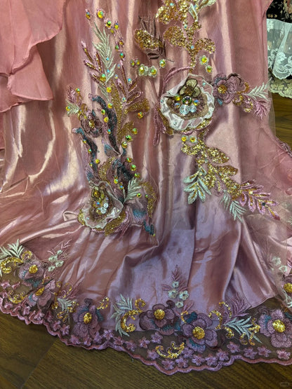 Vintage pinkes Chiffon-Träger 3D-Blumen Perlen Chiffon-Satin Meerjungfrau Brautkleid P3042