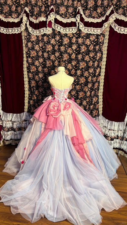 Prinzessin blaues Tube-Top 3D-Blumen Tüll flauschiges Hochzeitskleid P3043